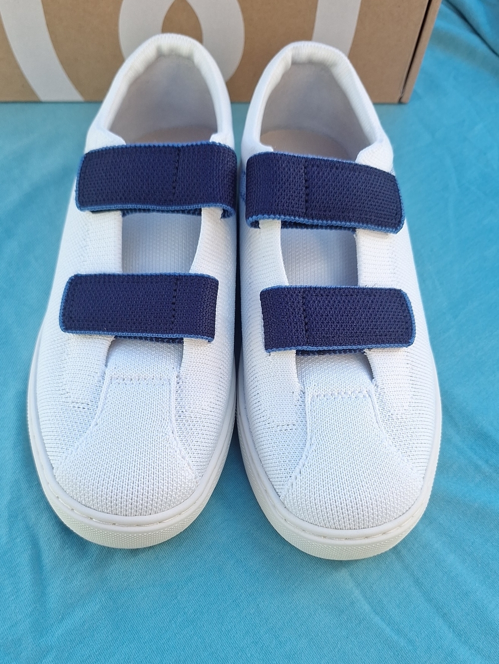 Rothy's Kids White Knit Sneakers with Navy Straps